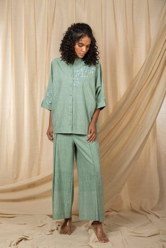 Sage green co-ord set with button-front shirt, relaxed wide-leg trousers