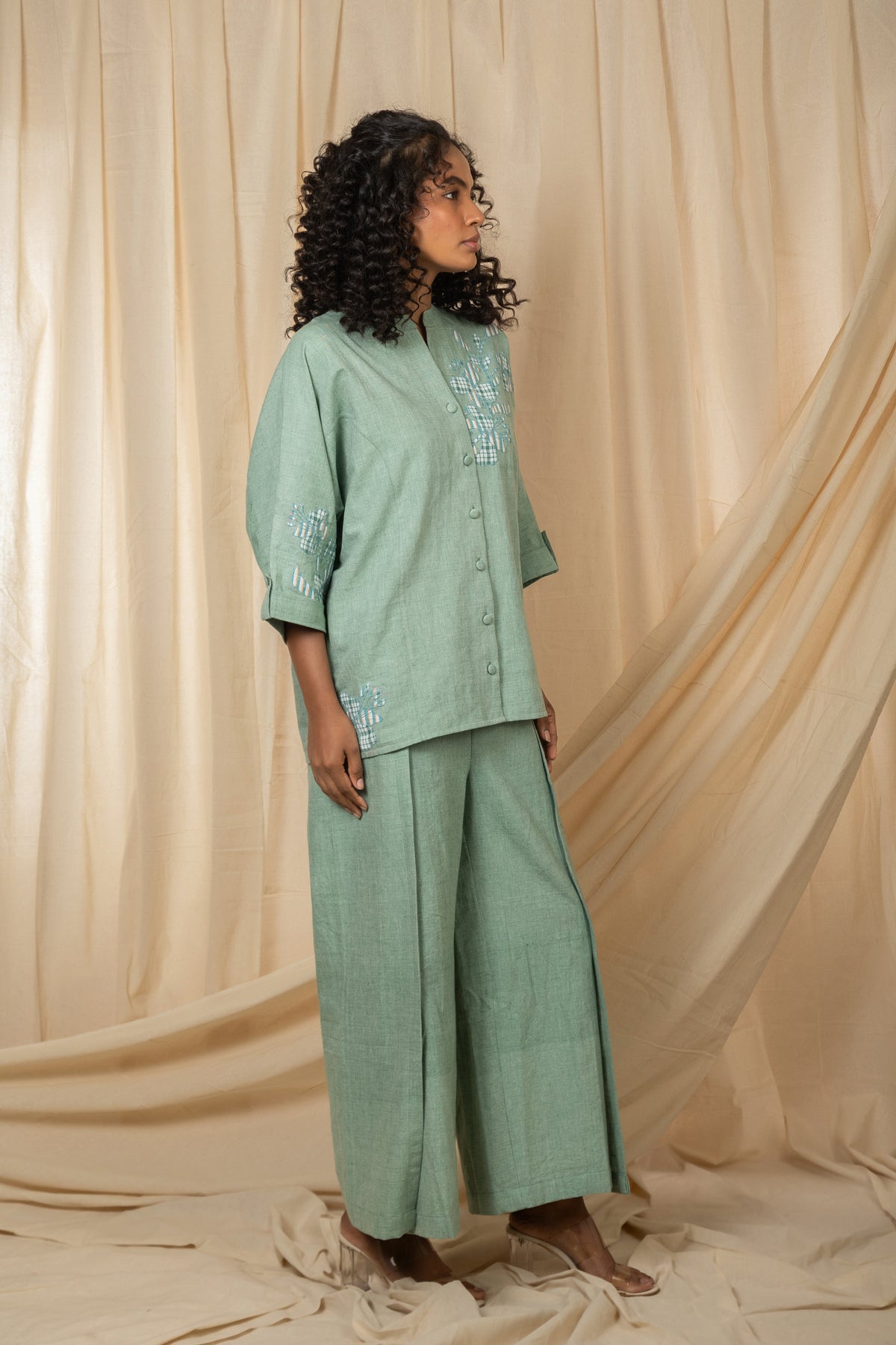 Sage green co-ord set with button-front shirt, relaxed wide-leg trousers