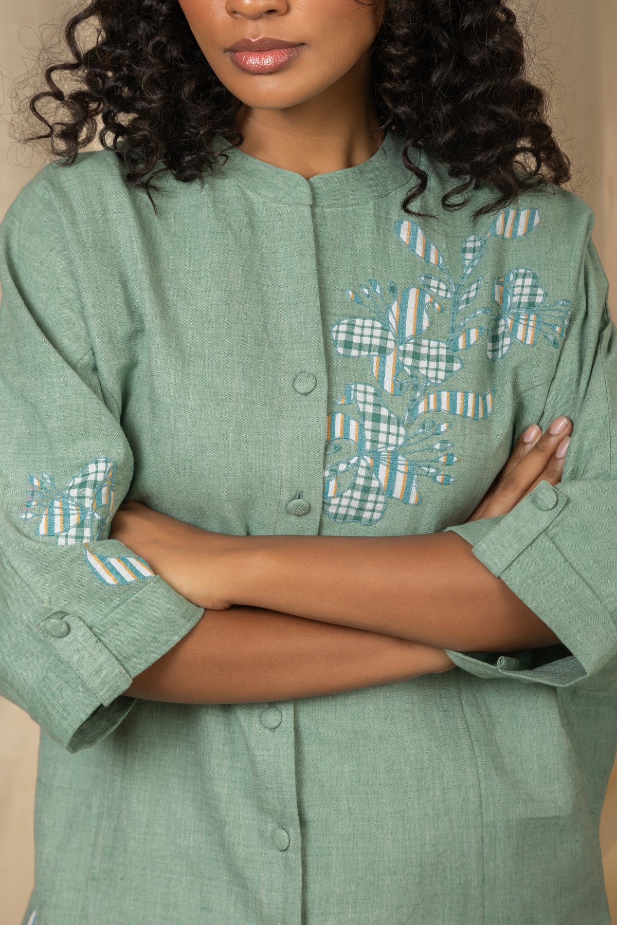 Sage green co-ord set with button-front shirt, relaxed wide-leg trousers