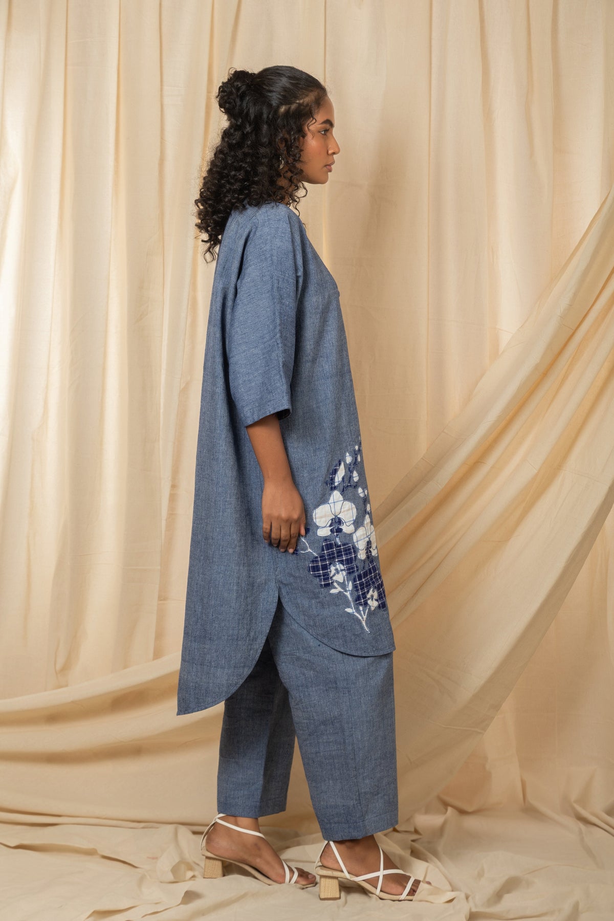 Indigo co-ord set with floral appliqué