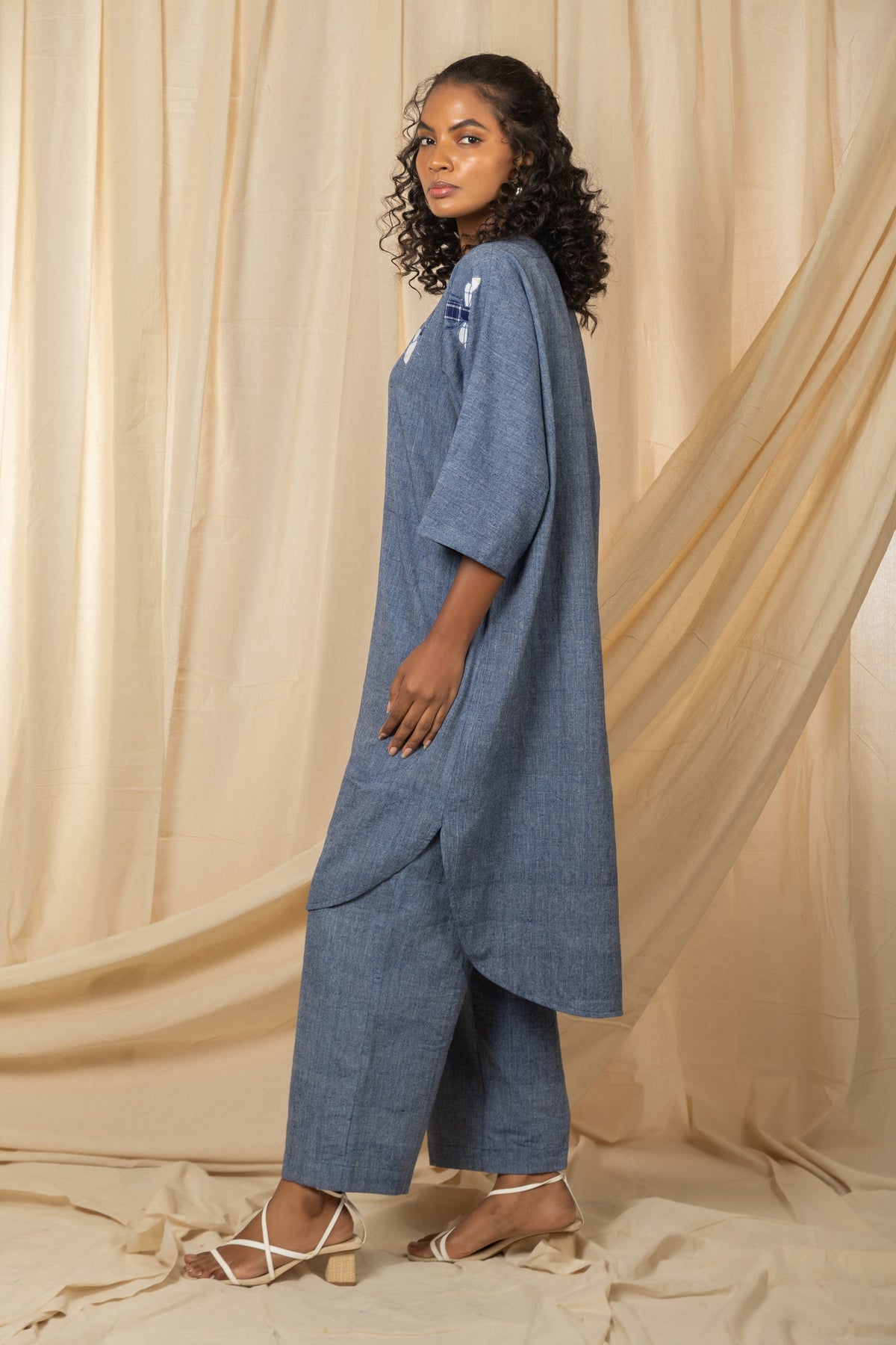 Indigo co-ord set with floral appliqué