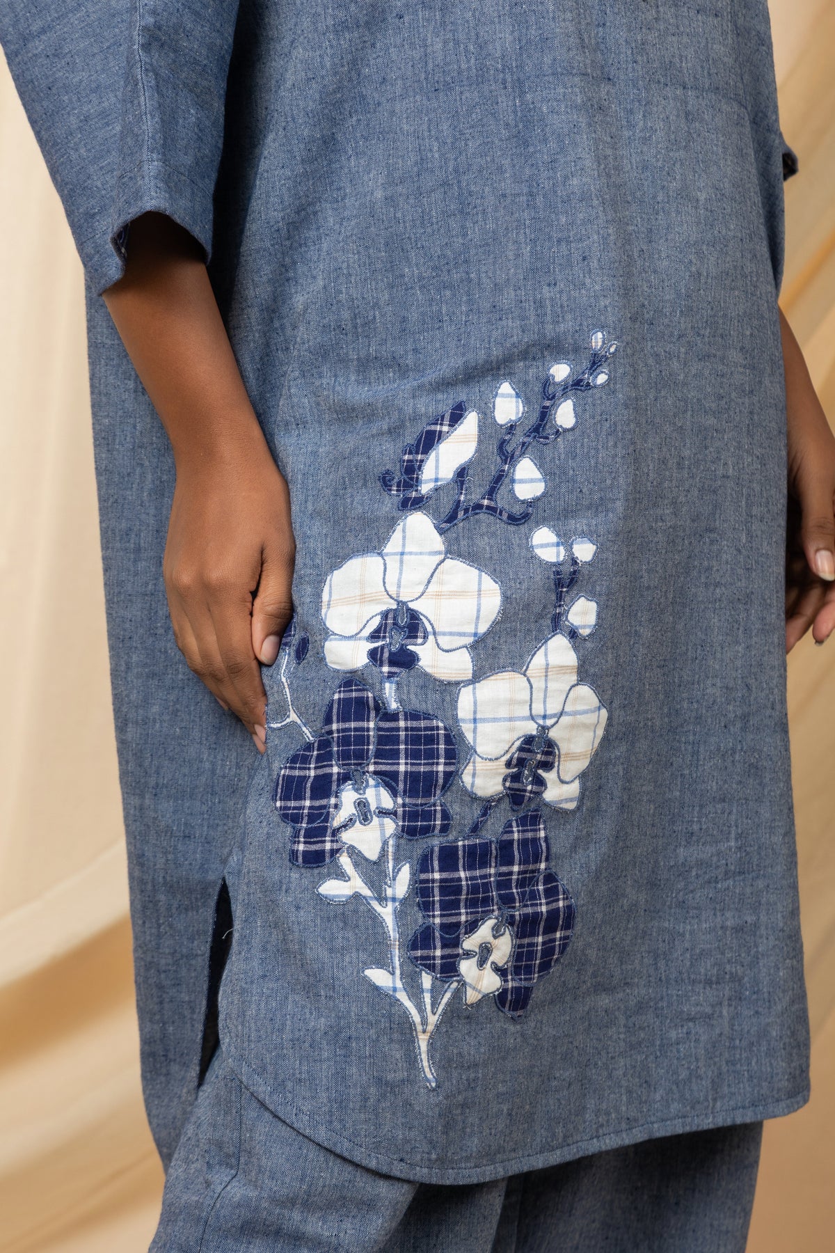 Indigo co-ord set with floral appliqué
