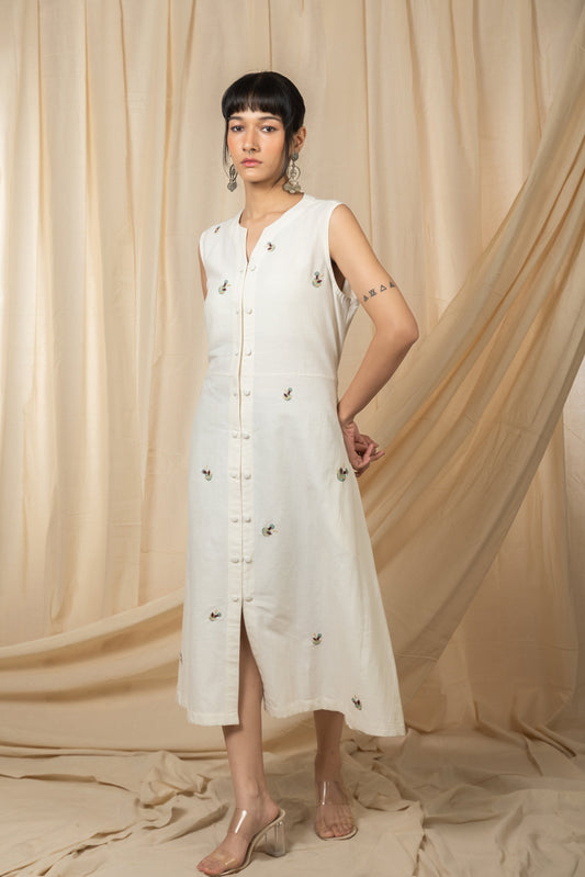 Ivory sleeveless embroidered buttondown midi dress