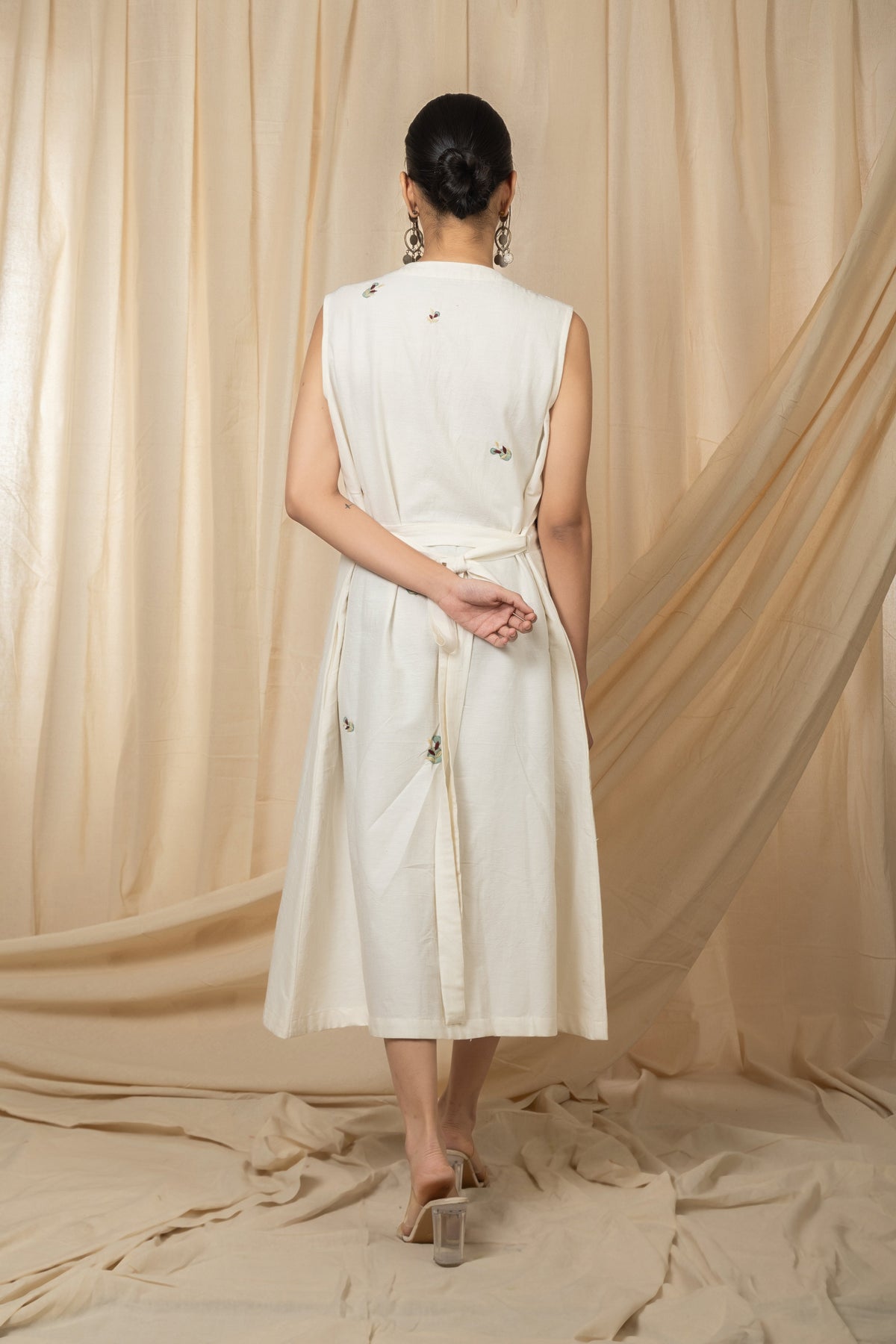 Ivory sleeveless embroidered buttondown midi dress