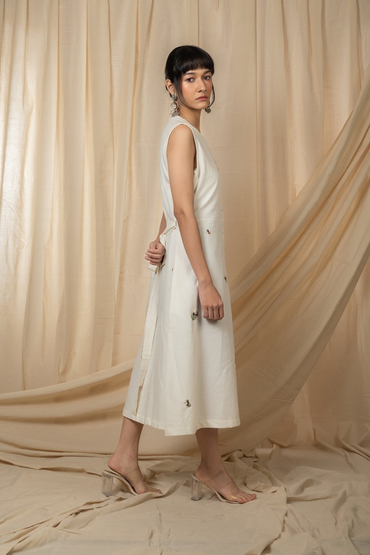 Ivory sleeveless embroidered buttondown midi dress