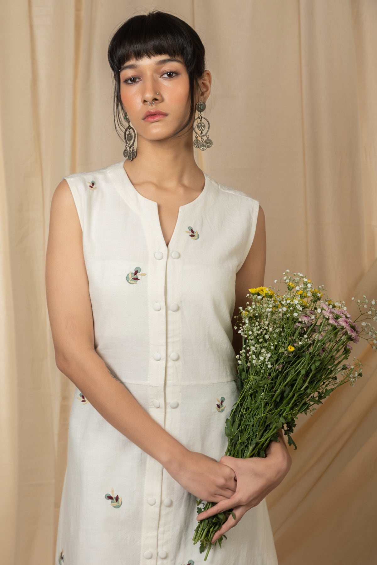 Ivory sleeveless embroidered buttondown midi dress