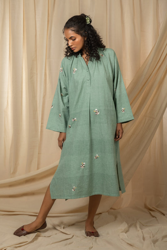Sage green embroidered midi dress